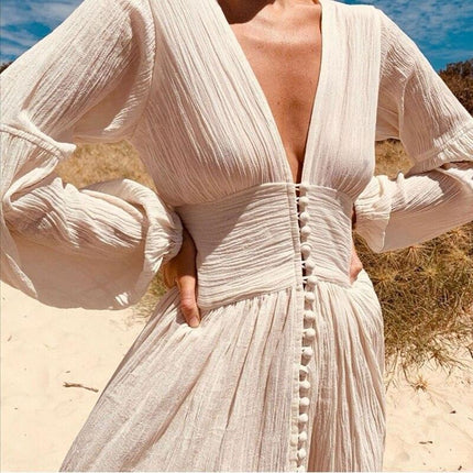 Chic Women Boho Beach Maxi Dress Button Up Deep V Neck Full Sleeve Long Dress Fairy Grunge French Romance Holiday Clothes - Viva Vista Store