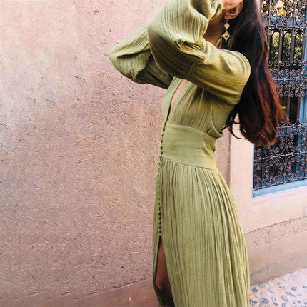 Chic Women Boho Beach Maxi Dress Button Up Deep V Neck Full Sleeve Long Dress Fairy Grunge French Romance Holiday Clothes - Viva Vista Store