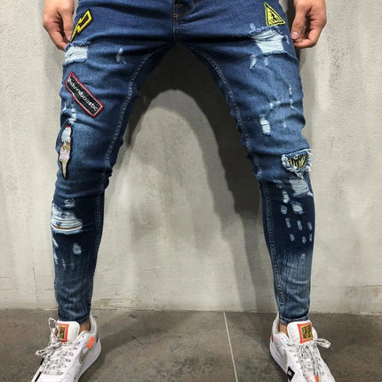 Fashion New Male hole badge embroidery denim trousers pants Men&#39;s streetwear hiphop skinny Casual Patch Jeans - Viva Vista Store