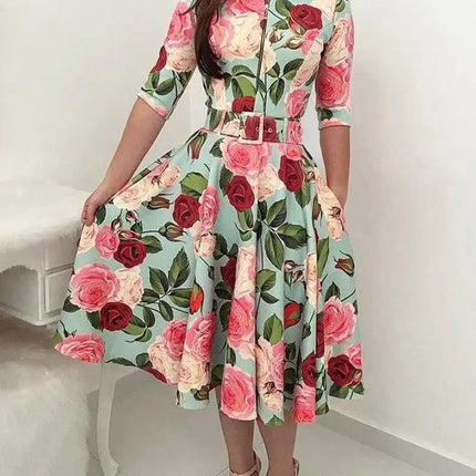Musinge  Fashion Women Dress Floral O Neck Long Sleeve High Waist Zipper Dress Sexy Ladies  Party Clubwear Femme Clothes Autumn - Viva Vista Store