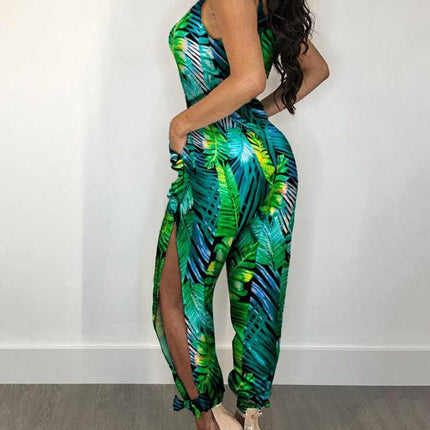 Autumn Women Casual Sleeveless V-Neck Jumpsuits Ladies Boho Floral Bodysuit Loose Long Pencil Side Slit Pants - Viva Vista Store