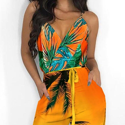 Autumn Women Casual Sleeveless V-Neck Jumpsuits Ladies Boho Floral Bodysuit Loose Long Pencil Side Slit Pants - Viva Vista Store