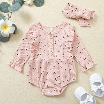 4 Colors Baby Girls Rompers Autumn Winter Newborn Infant Princess Girls Knitted Floral Ruffles Rompers Jumpsuits Headband 2pcs