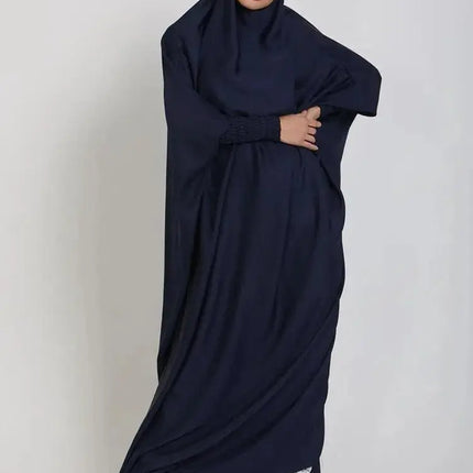 Muslim Women Jilbab One-piece  Prayer Dress Hooded Abaya Smocking Sleeve Islamic Clothing Dubai Saudi Black Robe Turkish Modesty - Viva Vista Store