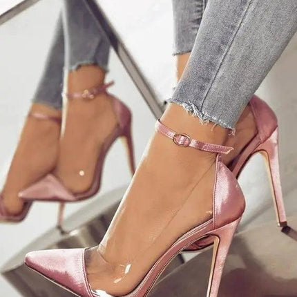 High Heel Pointed Monochrome Belt Buckle Stylish Women'S Single Shoes Rose Red Pink Black Apricot Color 34 - 43 - Viva Vista Store