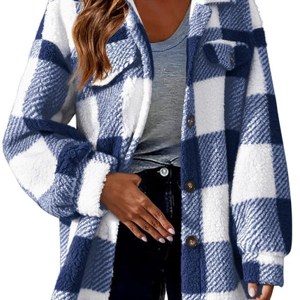 women's button plush coat 2023 autumn/winter with pocket plaid lamb fleece jacket - Viva Vista Store