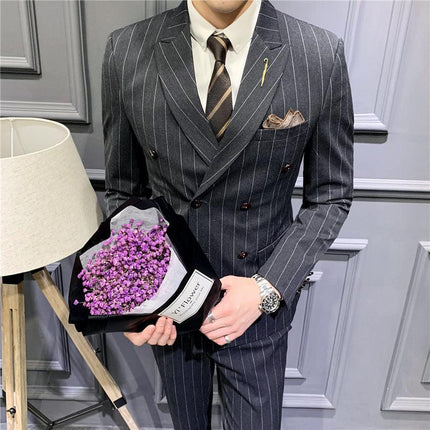 Suit set men's slim three-piece trend striped small suit fashion slim young men's dress - Viva Vista Store