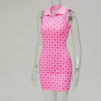 European and American ins style women's clothing 2021 autumn new fashion printing polo collar sleeveless tight short dress women - Viva Vista Store