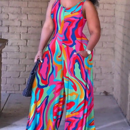 T9050 plus-size women's AliExpress new cross-border European and American fashion print loose slip jumpsuit - Viva Vista Store