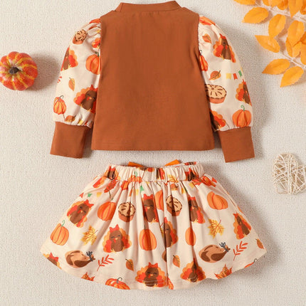 children's clothing baby toddler girl set Thanksgiving turkey pumpkin print long sleeve skirt two-piece - Viva Vista Store