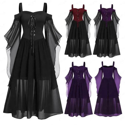 Gothic Dresses for Women Halloween, Plus Size Cold Shoulder Butterfly Sleeve Lace Up Dress Mesh Gothic Dresses - Viva Vista Store