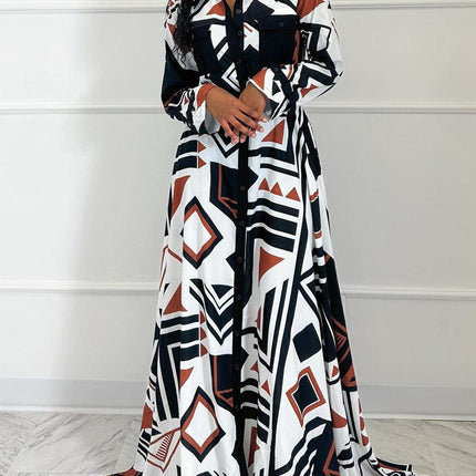 Autumn New Fashion Printed Long sleeved Lace up Long Skirt Large Size European and American Dress - Viva Vista Store
