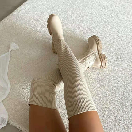 Autumn and Winter Foreign Trade Thick Sole Over Knee Boots for Women Cross border Elastic Flyknit High Sleeve Boots with Round Toe Breathable Single Shoes Amazon - Viva Vista Store