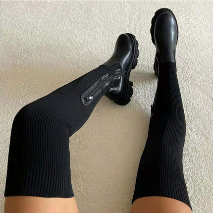 Autumn and Winter Foreign Trade Thick Sole Over Knee Boots for Women Cross border Elastic Flyknit High Sleeve Boots with Round Toe Breathable Single Shoes Amazon - Viva Vista Store