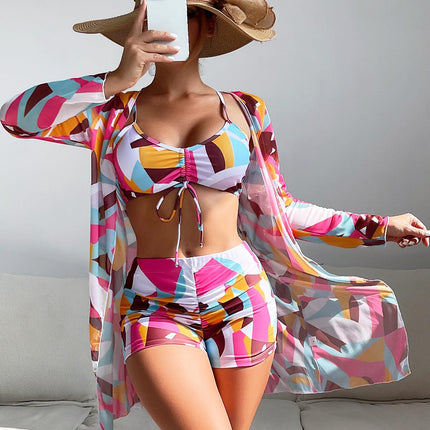 Ou Ruizi sexy European and American foreign single swimsuit women's split bikini mesh three-piece set boxer high waist long-sleeved blouse - Viva Vista Store