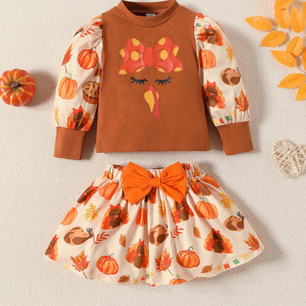 children's clothing baby toddler girl set Thanksgiving turkey pumpkin print long sleeve skirt two-piece - Viva Vista Store
