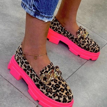 Geumxl Pink Sole Leopard Genuine Leather Genuine Suede Loafer Punk Design Shoes Women Spring Autumn Platform Shoes Round Toe Slip XJ0421 - Viva Vista Store