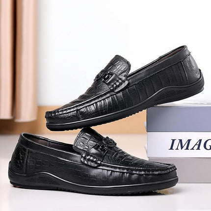 First layer leather peas shoes men's leather crocodile set foot black skin fish pattern casual shoes men a pedal large size men's shoes - Viva Vista Store
