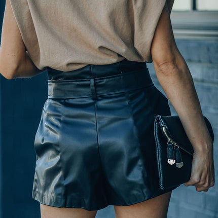 Independent Station New European and American Women's Temperament Casual PU Pants (with Belt) Leather Shorts - Viva Vista Store
