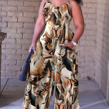 T9050 plus-size women's AliExpress new cross-border European and American fashion print loose slip jumpsuit - Viva Vista Store