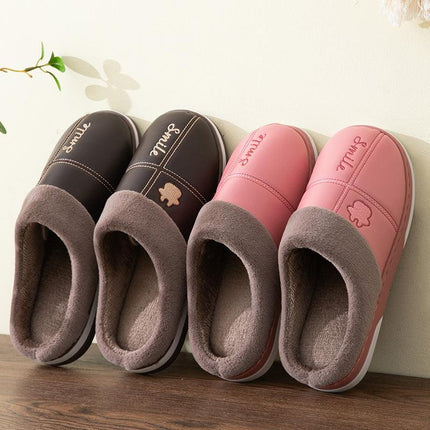 New pu leather waterproof cotton slippers female autumn and winter home large size couple plus velvet thick bottom warm cotton drag men wholesale - Viva Vista Store
