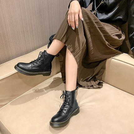 New autumn and winter boots soft leather retro tube boots flat thick keel with Martin boots female round head thick - Viva Vista Store