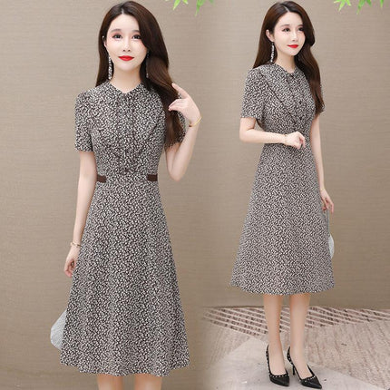 Hepburn wind chiffon small mother Middle-aged large size women's blouse dress 2021 summer new female short sleeve - Viva Vista Store