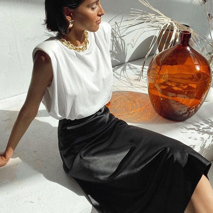 Restve Casual Women High Waisted Long Skirt Purple Satin Office Ladies Elegant Skirts Solid Silk Midi Skirt Spring Summer - Viva Vista Store