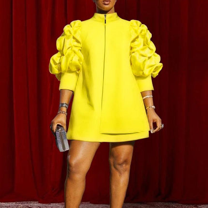 Trendy Fall Winter Mini Shift Dress Women High Neck Puff Sleeve Zipper Tunic Dress Retro Vintage Party Club Events Wear 4XL - Viva Vista Store
