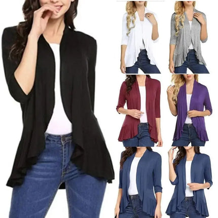 Women's Cardigan Spring Summer Autumn Clothing Solid Color Slim Top Ruffle Hem Three Quarter Sleeve Thin Simple Coat - Viva Vista Store