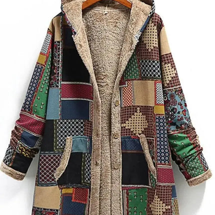 Winter Vintage Women Coat Warm Printing Thick Fleece Hooded Long Jacket with Pocket Ladies Outwear Loose Coat for Women - Viva Vista Store