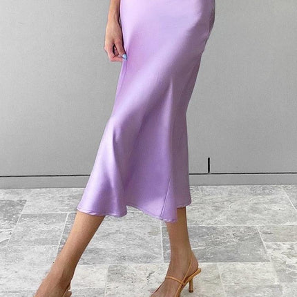 Restve Casual Women High Waisted Long Skirt Purple Satin Office Ladies Elegant Skirts Solid Silk Midi Skirt Spring Summer - Viva Vista Store