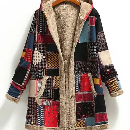 Winter Vintage Women Coat Warm Printing Thick Fleece Hooded Long Jacket with Pocket Ladies Outwear Loose Coat for Women - Viva Vista Store