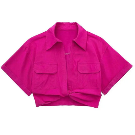Women Safari Style Pockets Patch Knotted Linen Short Smock Blouse Lady - Viva Vista Store