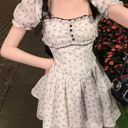 Floral White/Black Bow Decor Puff Sleeve Dress - Viva Vista Store