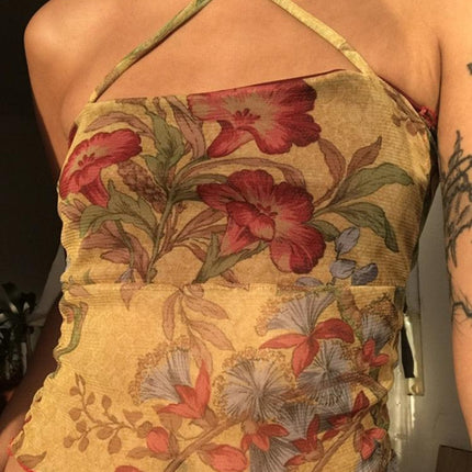 Rapcopter Floral y2k Crop Top Mesh See Through Sexy Corset Top Frill Cross Halter Sweats Female Summer Party Clubwear Cute Vests - Viva Vista Store