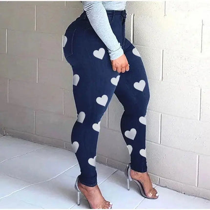 Plus Size Heart Print Skinny Distressed Jeans Mom Vintage Streetwear Women Blue Stretchy Sexy Melody Pencil Denim Pants Y2K - Viva Vista Store