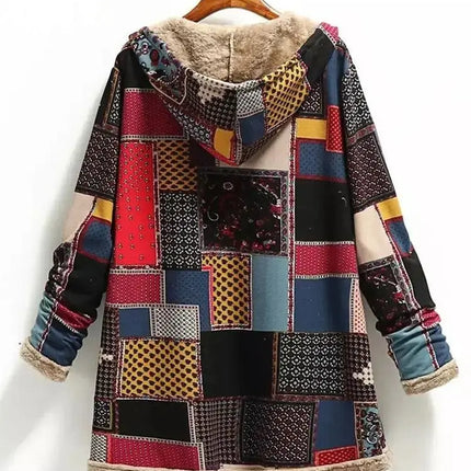 Winter Vintage Women Coat Warm Printing Thick Fleece Hooded Long Jacket with Pocket Ladies Outwear Loose Coat for Women - Viva Vista Store