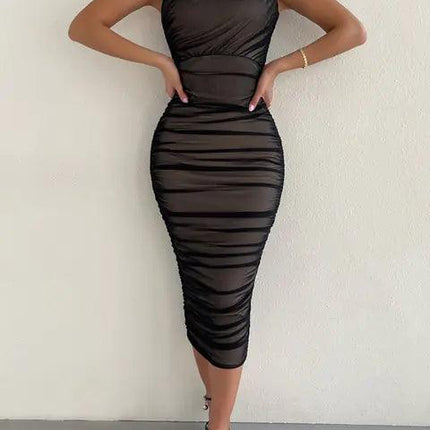 Mesh One-Shoulder Ruched Dress - Viva Vista Store