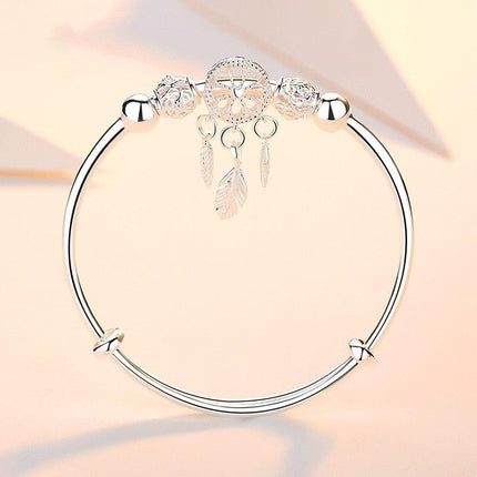 Adjustable size 925 Silver Color Bangle cuff Dreamcatcher Tassel Feather Round Bead Charm Bracelet jewelry For Women wedding - Viva Vista Store