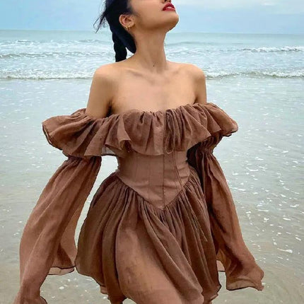 Brown Off Shoulder Flare Sleeve Mini Dress - Viva Vista Store