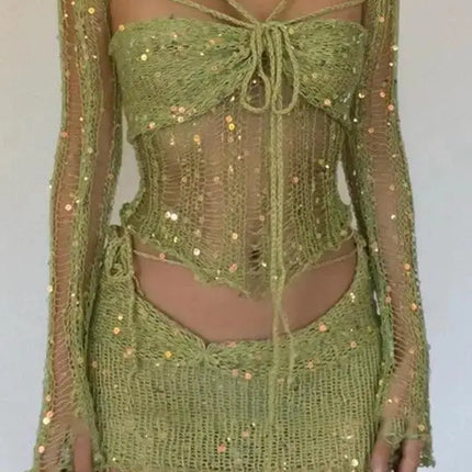 Distressed Knitted Sequin Three Piece Set - Viva Vista Store