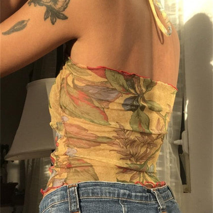 Rapcopter Floral y2k Crop Top Mesh See Through Sexy Corset Top Frill Cross Halter Sweats Female Summer Party Clubwear Cute Vests - Viva Vista Store
