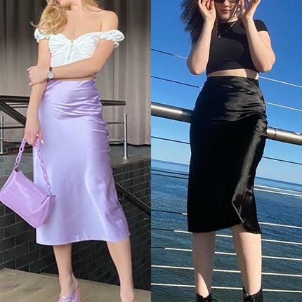 Restve Casual Women High Waisted Long Skirt Purple Satin Office Ladies Elegant Skirts Solid Silk Midi Skirt Spring Summer - Viva Vista Store