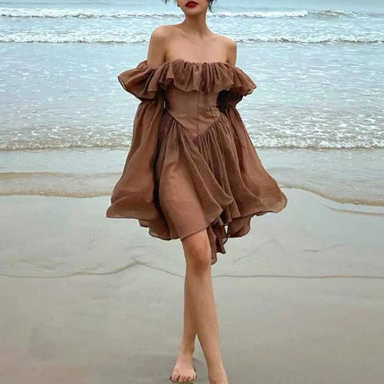 Brown Off Shoulder Flare Sleeve Mini Dress - Viva Vista Store