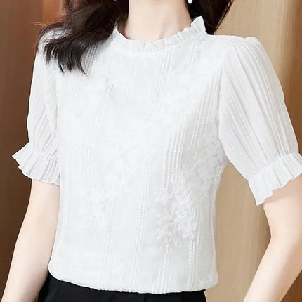 Long Sleeve Blouse Women Blusas Mujer De Moda 2022 Stand Collar Lace Chiffon Blouse Shirt Women Tops Blouses Femme Blusas E159 - Viva Vista Store