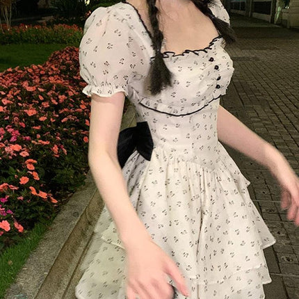 Floral White/Black Bow Decor Puff Sleeve Dress - Viva Vista Store