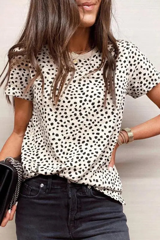 Leopard point short-sleeved round neck pullover loose casual t-shirt for women - Viva Vista Store