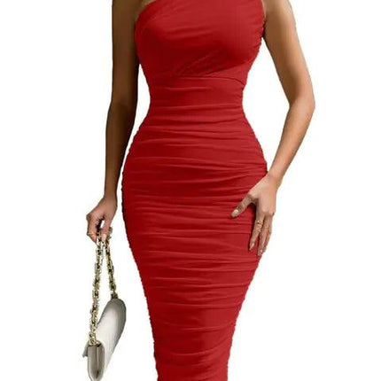 Mesh One-Shoulder Ruched Dress - Viva Vista Store