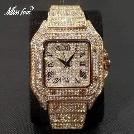 MISSFOX Ice Out Square Watch For Men Top Brand Luxury Full Diamond Mens Watches Ultra Thin Waterproof Hip Hop Clock Dropshipping - Viva Vista Store